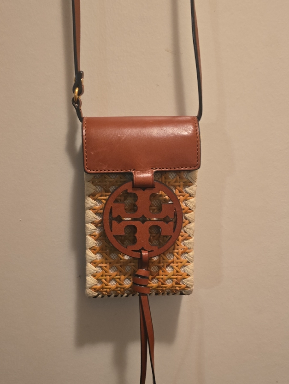 Tory Burch Brown Crossbody Phone Bag with Woven Detail